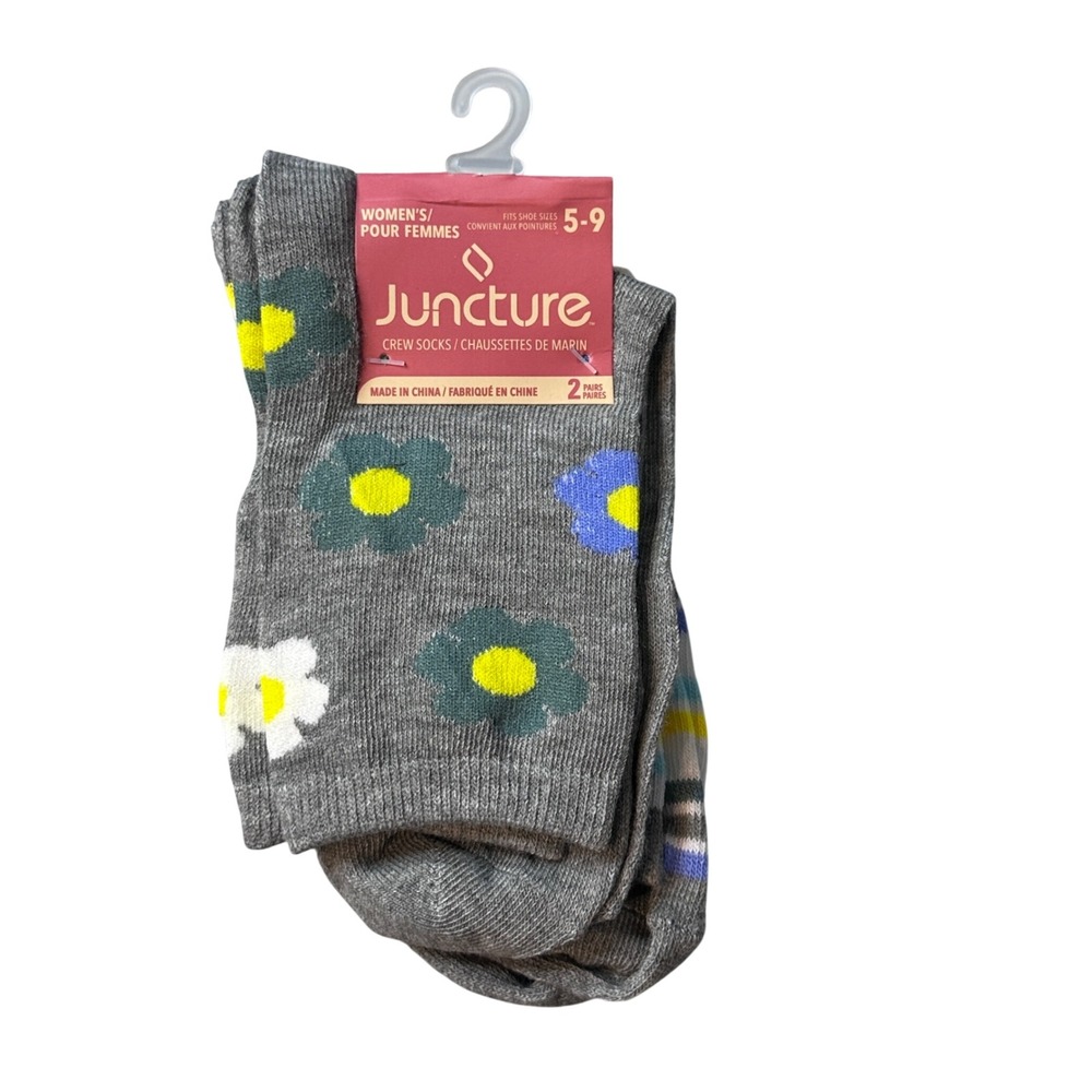 Juncture Crew Socks Womens 5-9 Gray Floral Striped 2 Pairs Casual Soft Stretch
